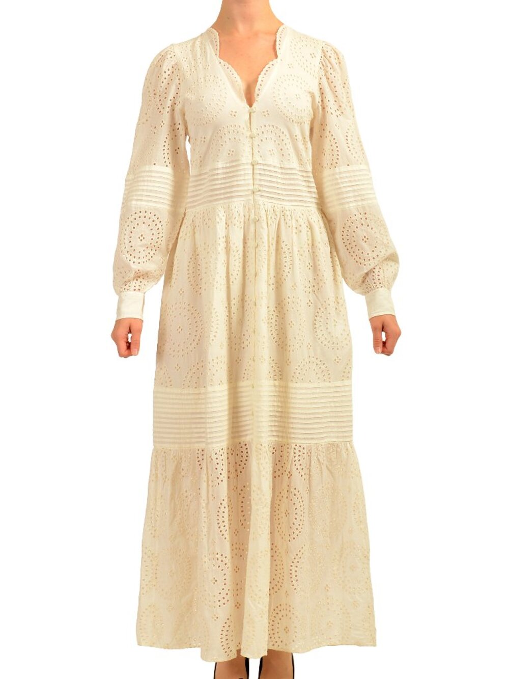 Hugo Boss Women's "C-Dabrody" Ivory Puff Sleeves Eyelet A-Line Dress US 0 IT 36